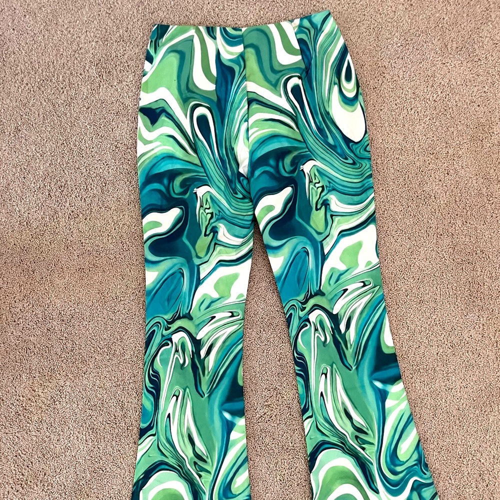 Green Blue & White marbled pattern trendy y2k flare bottoms